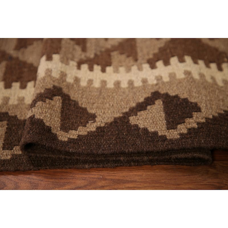 Brown Kilim Reversible Area Rug Flat-weave Wool Foyer Carpet - 3'2" x 5'3"