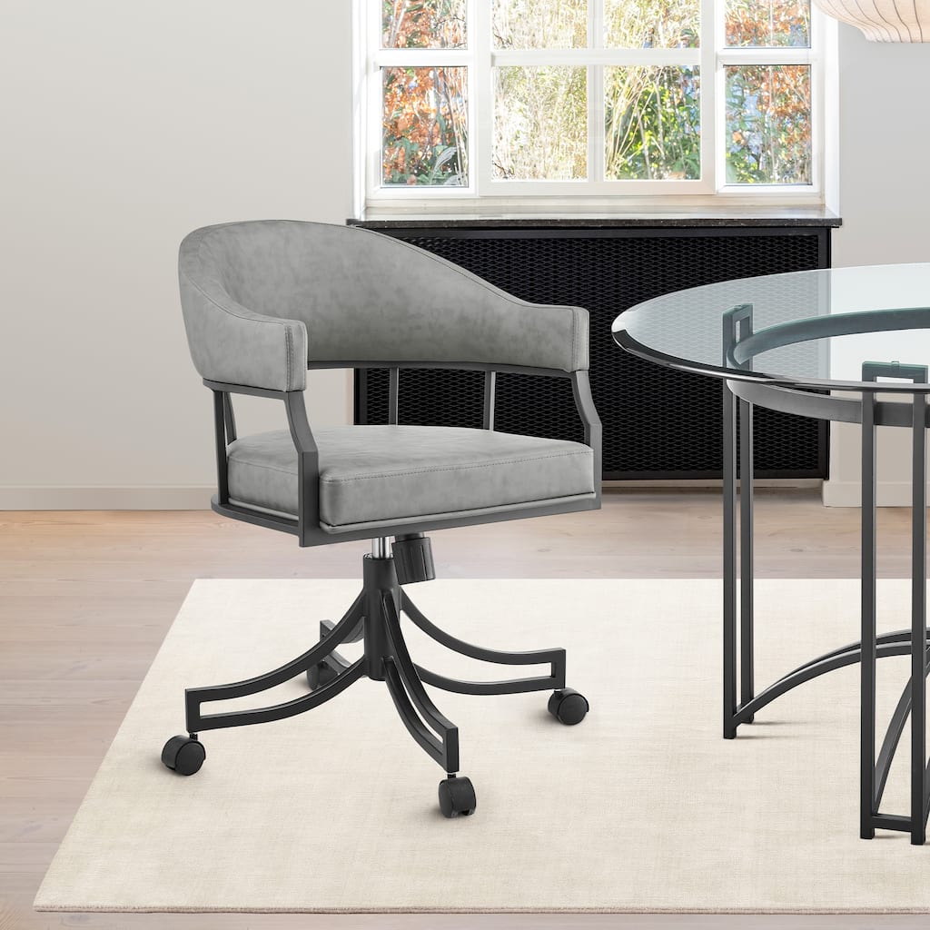 Tibet Gray Faux Leather and Black Iron Swivel Tilt Rolling Dining Chair