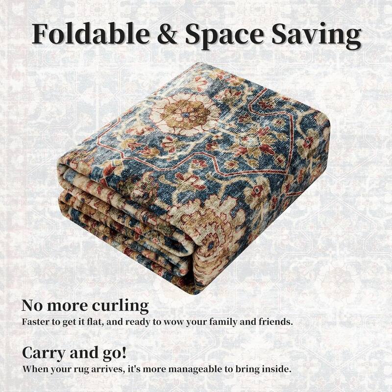 Vintage Boho Washbale Floor Cover Area Rug for Bedroom, Living Room, Dark Blue - 1'6" x 2'6"