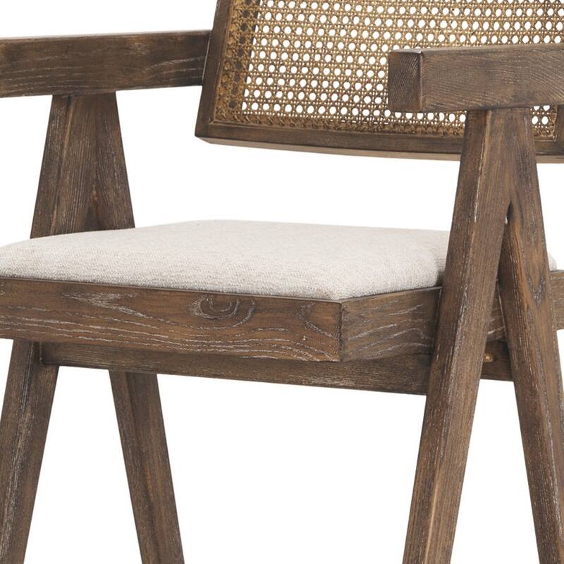 HomeRoots 30" Off White and Brown Fabric and Solid Wood Low Back Bar Height Bar Chair