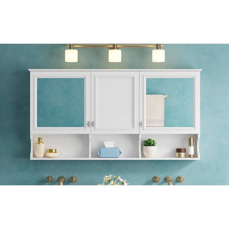 55"Mirror Medicine Cabinet with Open Shelves,Wall Mounted Storage with Doors & Mirror,Adjustable Shelf