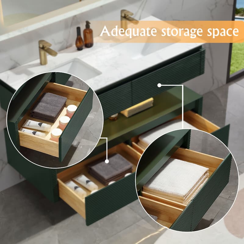 Modland 36/48 Inch LED Floating Vanity with Marble Top & Soft-Close Drawer - Green/White, Wall Drain Ready