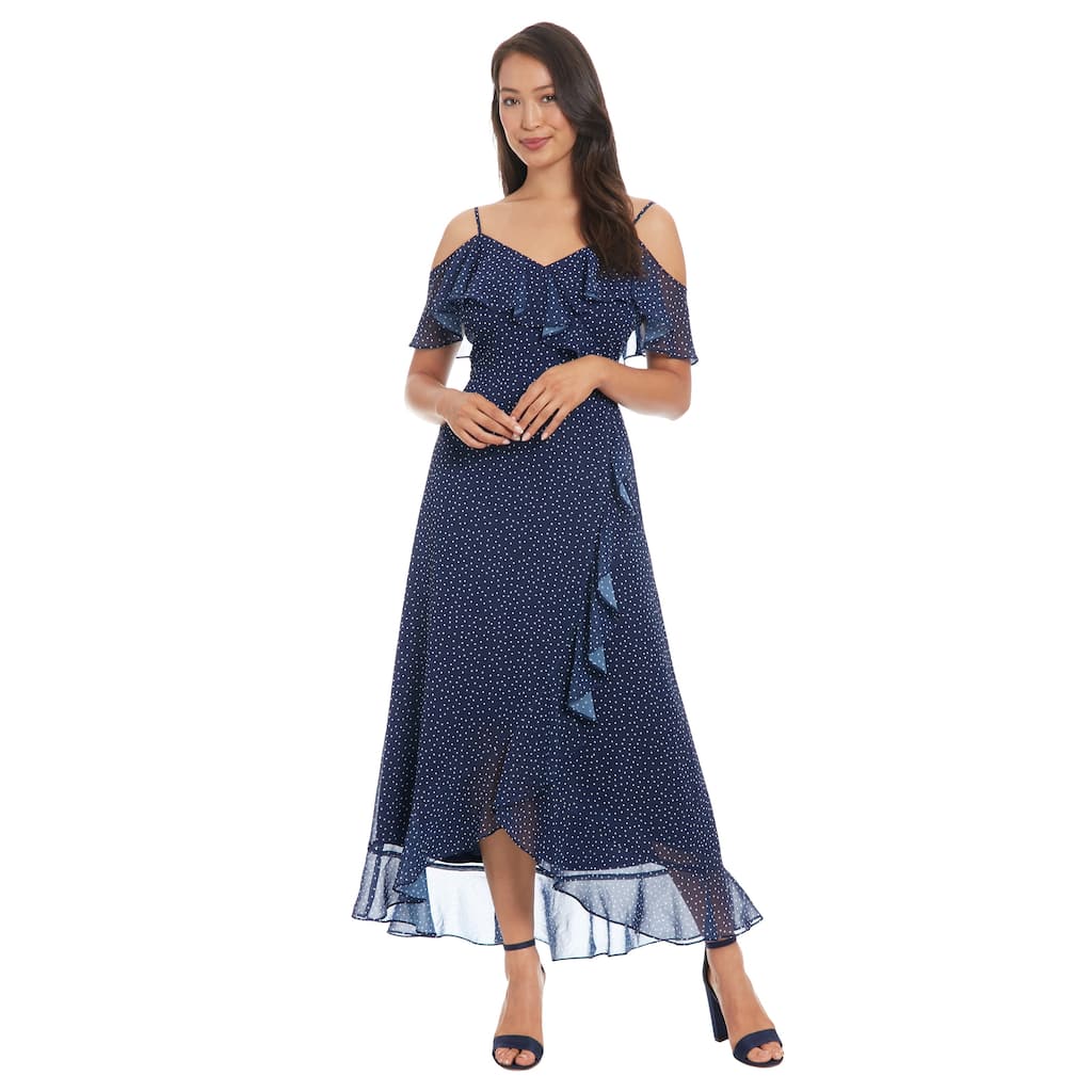 London Times V-Neck Cold Shoulder Short Sleeve A-Line High-Low Dress With Ruffle Detail