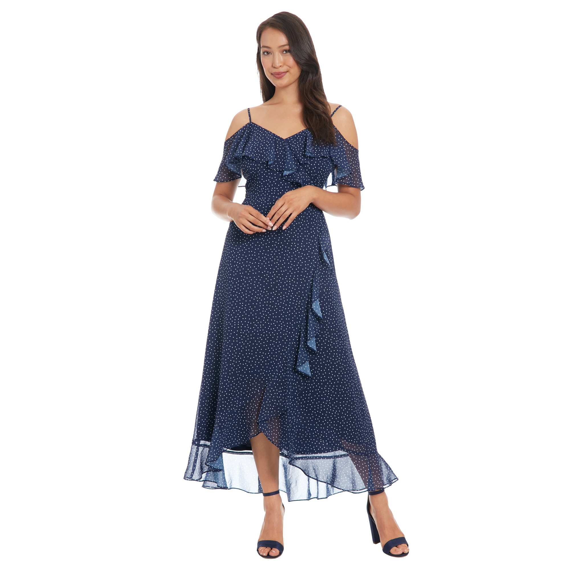London Times V-Neck Cold Shoulder Short Sleeve A-Line High-Low Dress With Ruffle Detail
