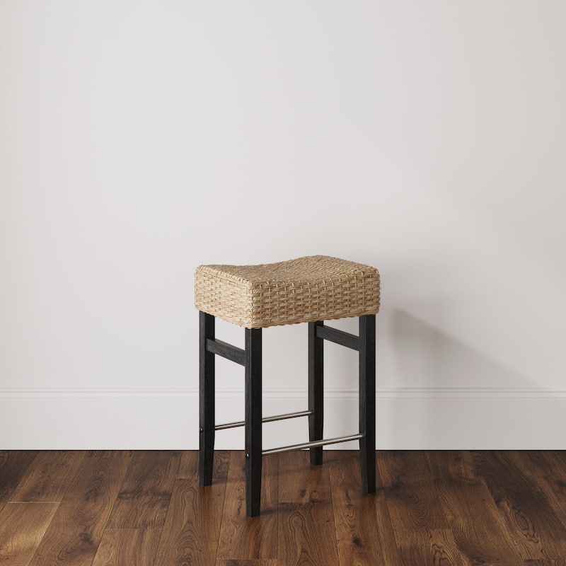 Harvey Rattan Bar Stool, Bohemian Counter Height Stool with Woven Seagrass Seat, Solid Wood Legs, and Metal Footrest