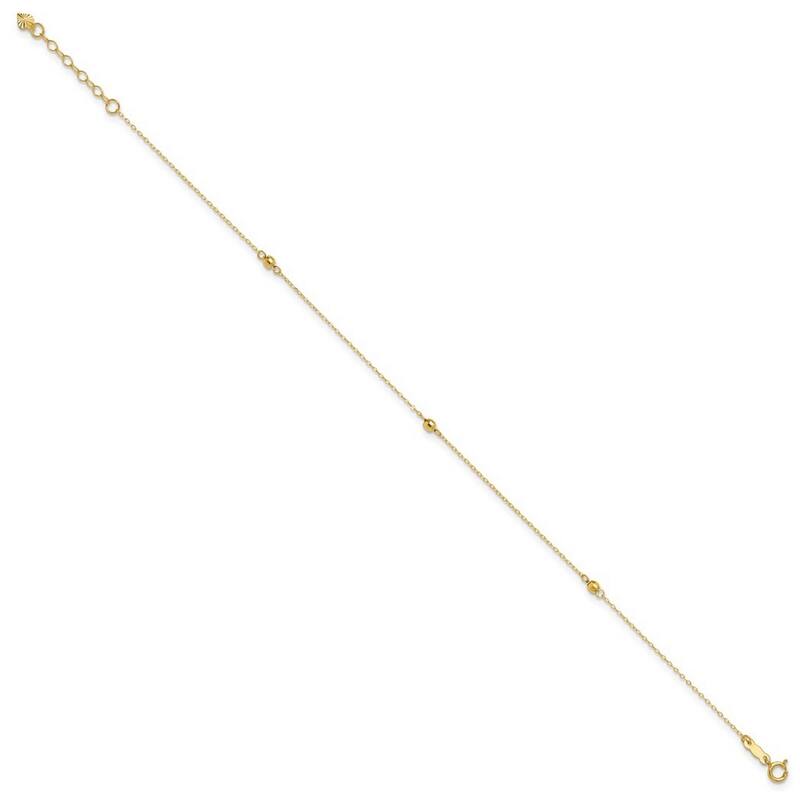 Curata 14k Yellow Gold Mirror Beaded Plus 1in Ext Anklet 9 Inch
