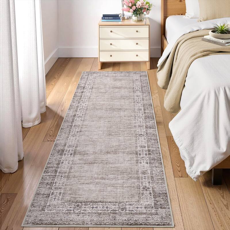Vintage Bordered Area Rug Washable Area Rug Non-Slip Low Pile Throw Carpet for Living Room Bedroom Dining Room