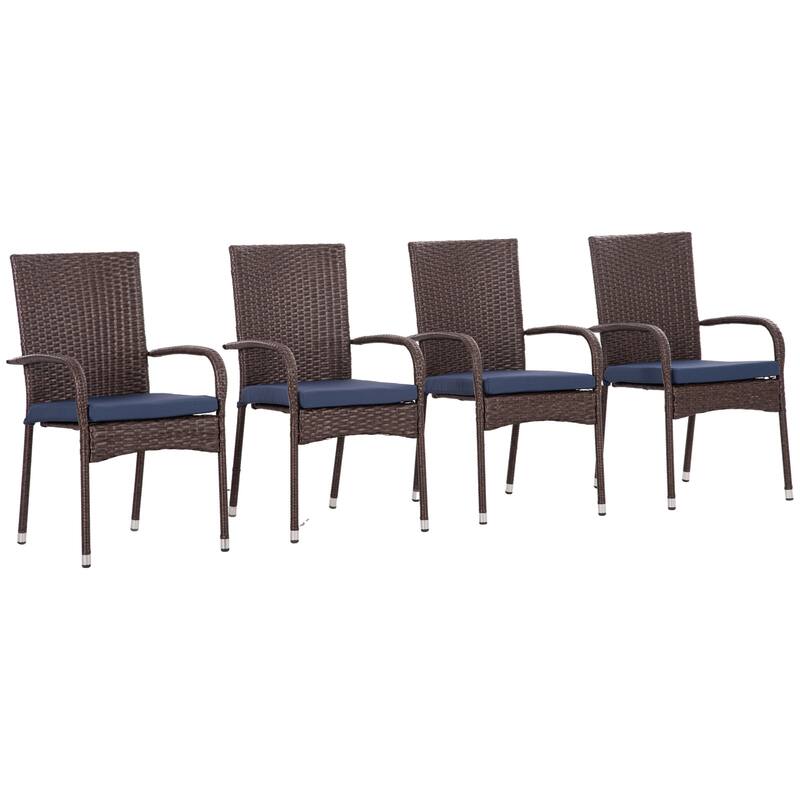 Outsunny Stackable PE Rattan Outdoor Dining Chairs with Cushions, Set of 4 Patio Wicker Dining Chairs with Armrests and Backrest