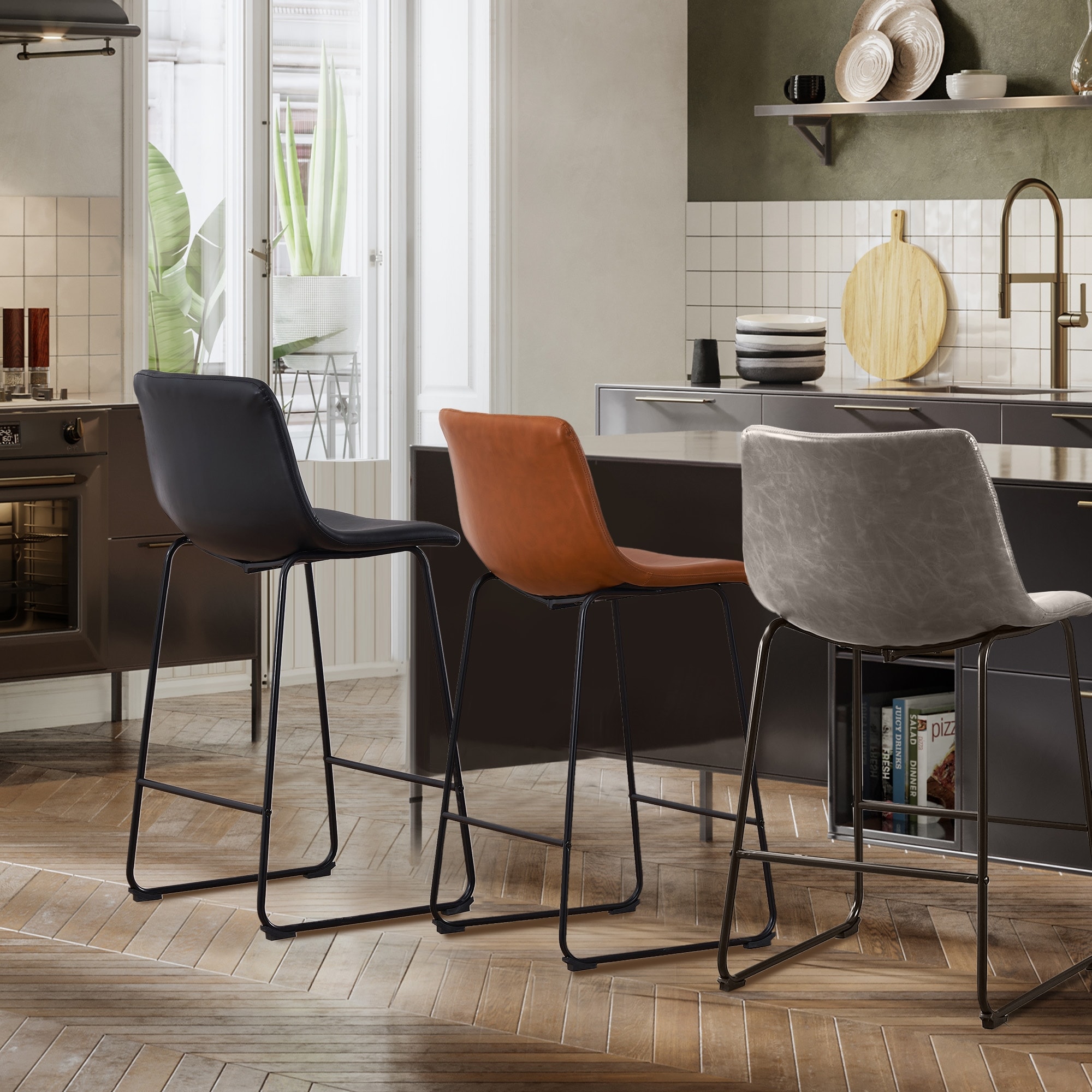 Set of 2 Faux Leather Armless Counter Height Bar Stools with Metal Legs and Footrest