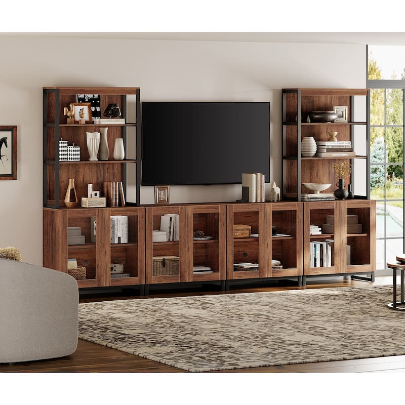 Modern TV Stand with 3 Tiers Bookshelf,Wooden Media TV Console with Glass Doors for Living Room - 126 inches - Brown