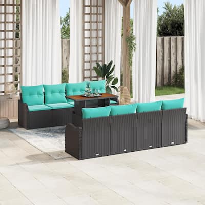 vidaXL 9 Piece Garden Sofa Set with Cushions Black Poly Rattan - 90.9×24.4×27.2