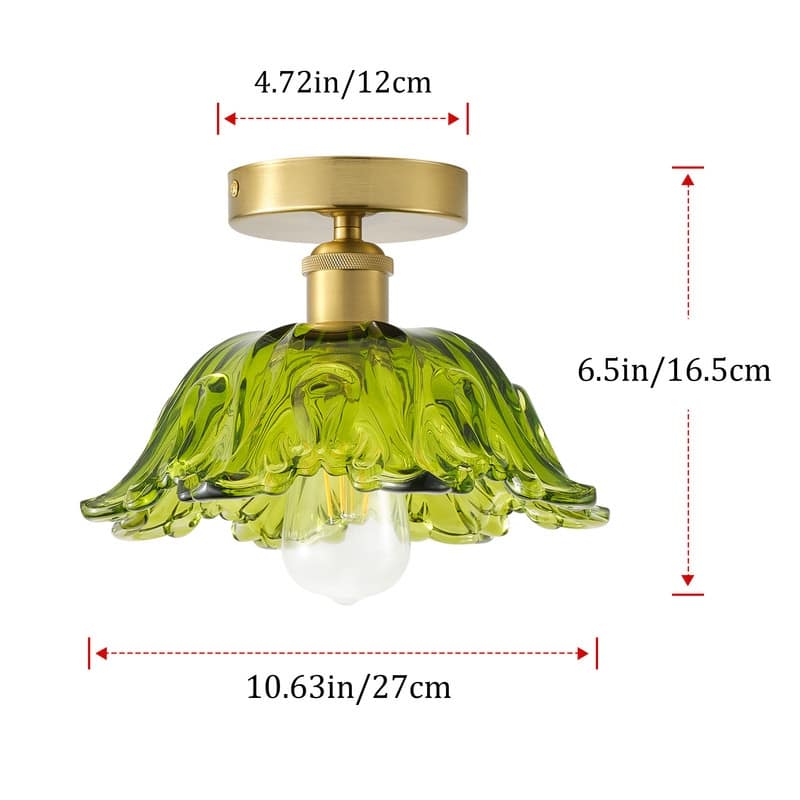 Vintage 1-Light Green Glass Semi Flush Mount Ceiling Fixture with Brass Base