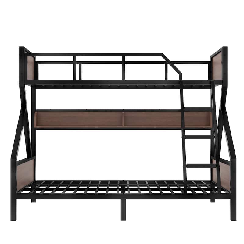 Twin XL over Queen Bunk Bed with Storage Shelves & LED Lights, Metal Space-Saving Noise-Free Design