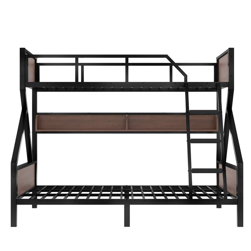Twin XL over Queen Metal Bunk Bed with Storage Shelves and LED Lights, Space-saving Design, Black