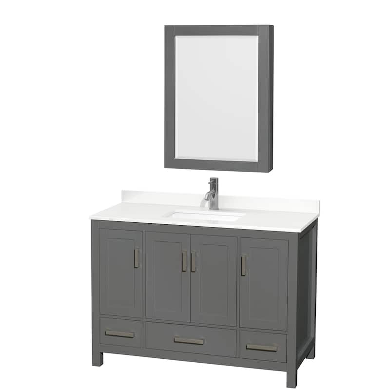 Sheffield 48-inch Single Vanity, Single Hole Quartz Top, Med Cabinet - Dark Gray, Chrome Trim, White Quartz Top