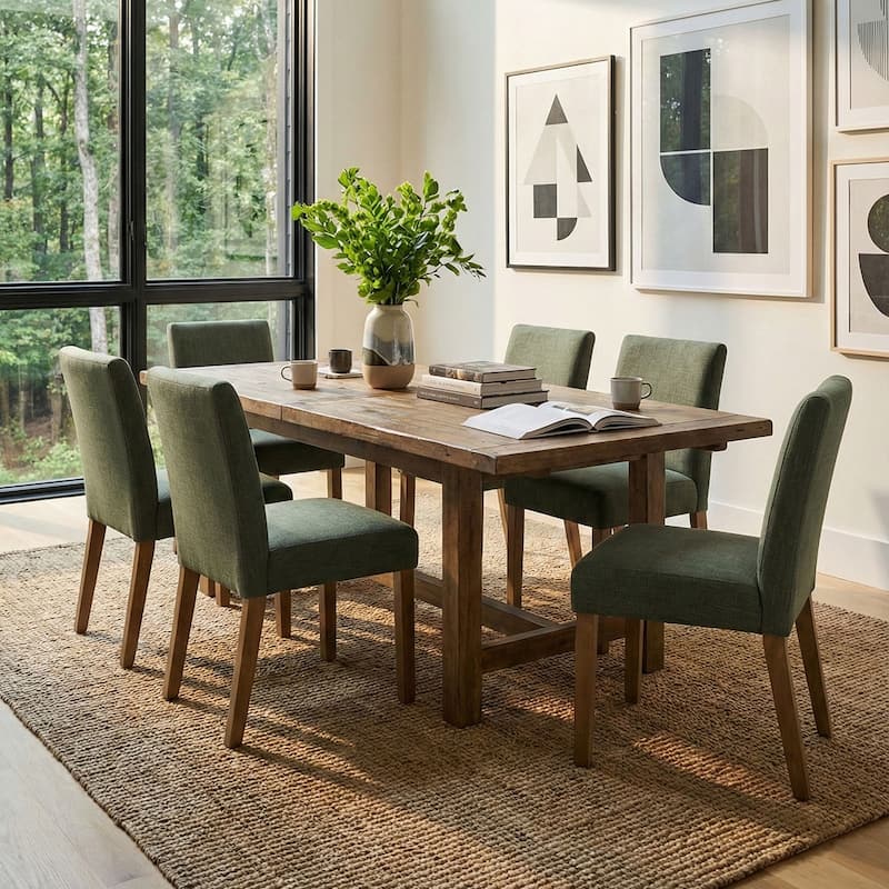 Parsons Dining Chairs with Linen Upholstery and Solid Wood Legs - 6-Piece - DarkGreen-6