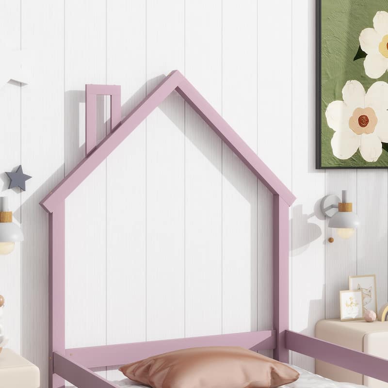 Twin Size Wood bed with House Shaped Headboard Floor Bed with Fences
