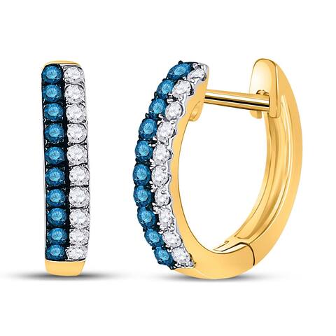 10k Yellow Gold 1/5 Carat Round Blue Color Enhanced Diamond Huggie Earrings for Women