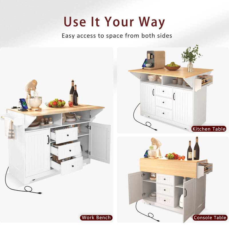 Rolling Kitchen Island with 2 Folding Drop Leaf, Wooden Cupboard Spice Storage Cabinet Pantry with Towel Rack and 3 Drawers