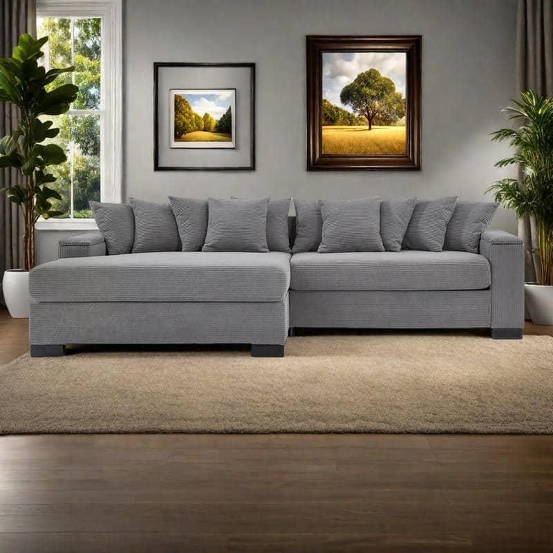 111" Corduroy L-Shaped Sectional Sofa with Convertible Chaise & Storage Arms - Grey