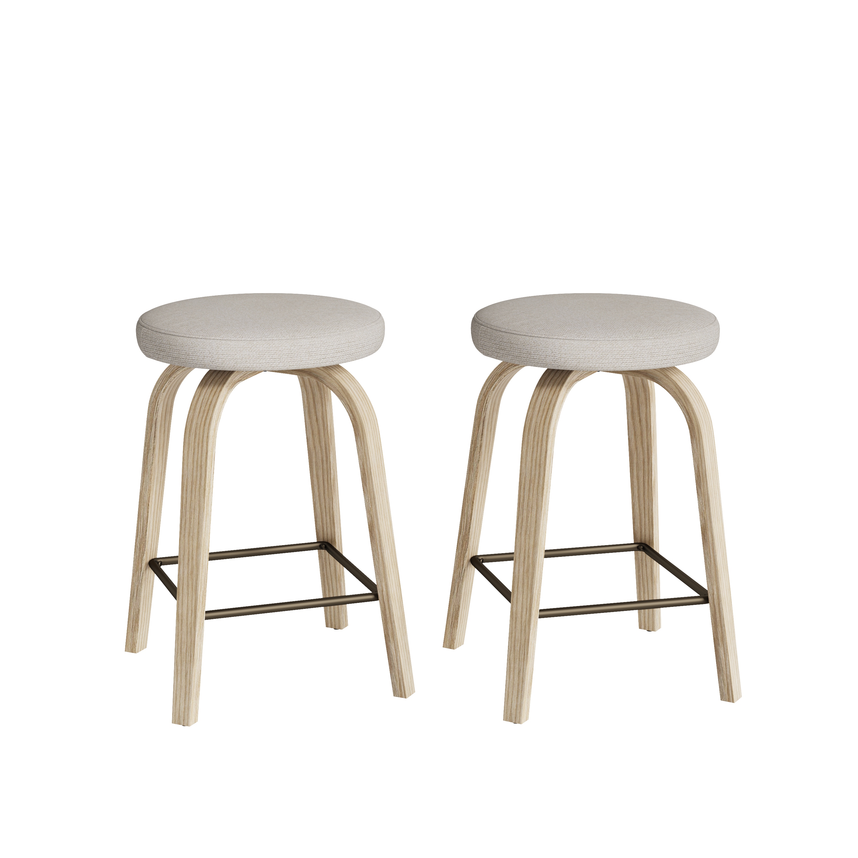 Swivel Bar Stools Set of 2, Counter Height Backless 26″Bar Stool, Fabric Upholstered Seat, Sturdy Wood Legs and Metal Footrest