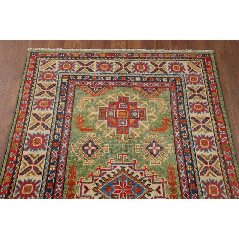 Light Green Kazak Oriental Accent Rug Handmade Wool Carpet - 3'2" x 4'11"