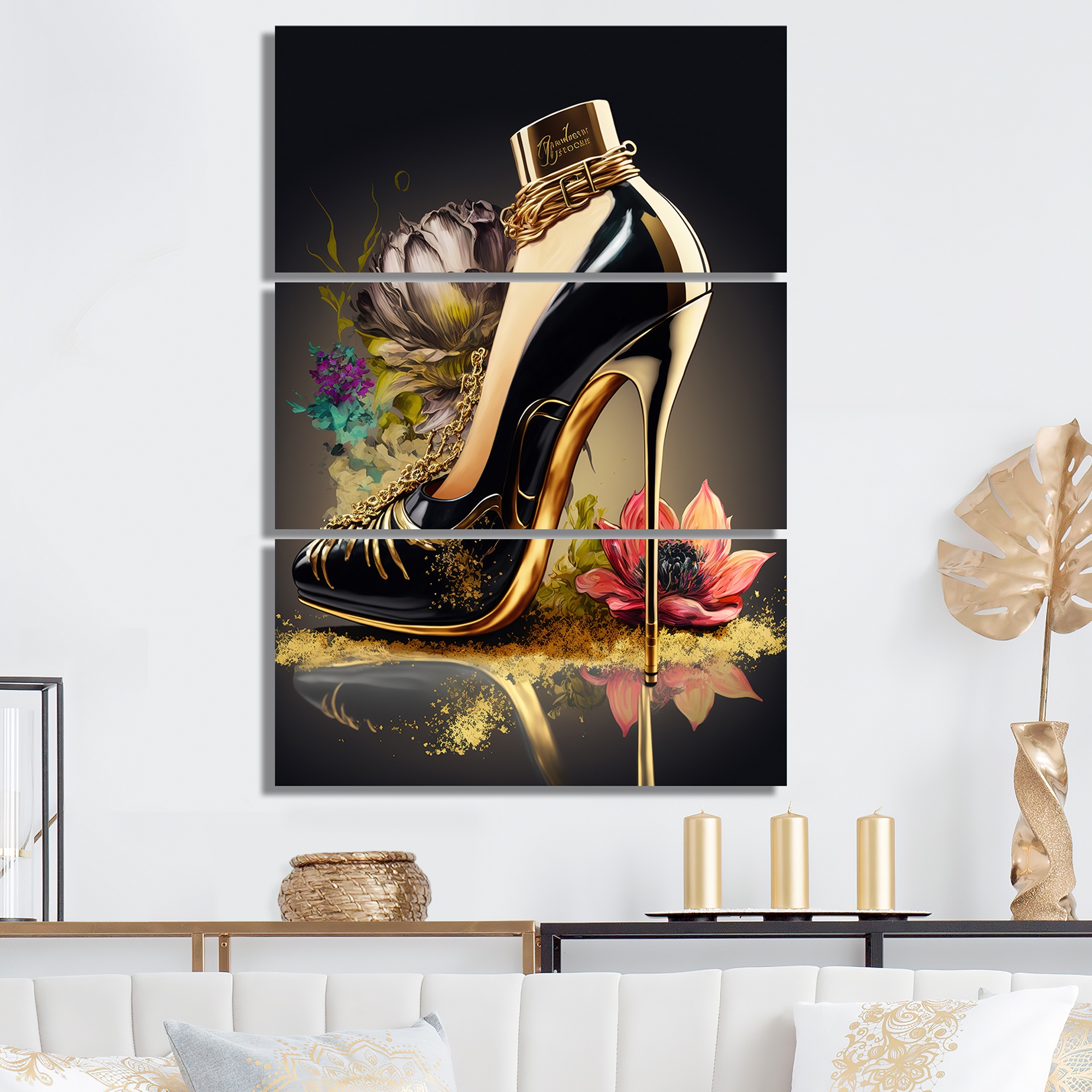Designart Golden Drip High Heel Fashion Shoes Canvas Art Print 3 Panels Bed Bath Beyond 38199530