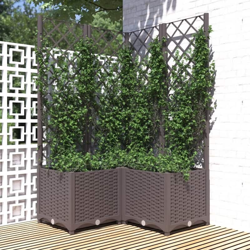 vidaXL Garden Planter with Trellis Plant Pot Flower Box Raised Bed Outdoor PP - 31.5" x 31.5" x 53.5" - Brown