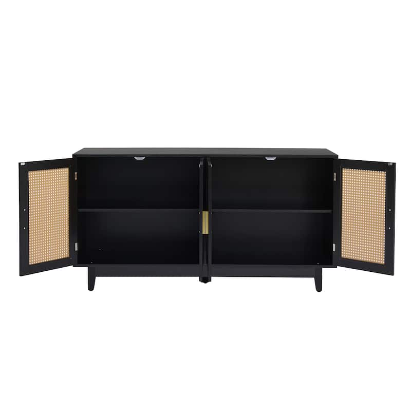 Modern 4 Door Wood Rattan Buffet Sideboard Storage Cabinet