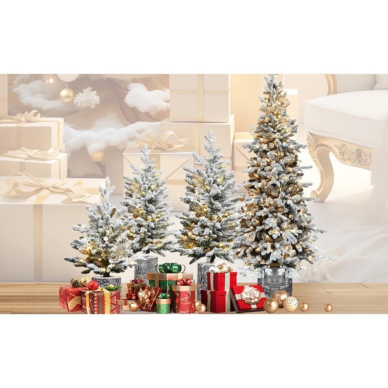 Flocked Christmas Tree with Pot Base,150 Warm White LED Lights,PE+PVC Branches with Pine Cones-Small Prelit Holiday Tree