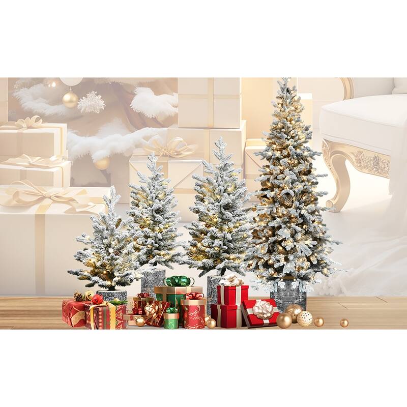 Pre-Lit Flocked Tabletop Tree - Warm White LED Lights, PE+PVC Branches, Pine Cones, Pot Base - White+Green