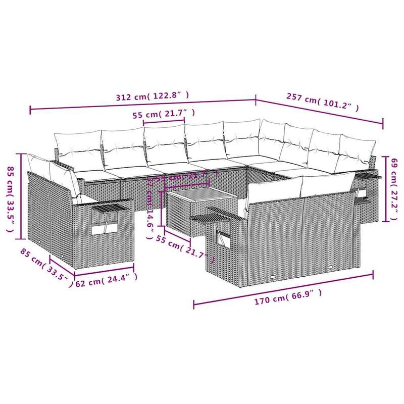 vidaXL 13 Piece Patio Sofa Set with Cushions Black Poly Rattan - 24.4" x 24.4" x 27.2"