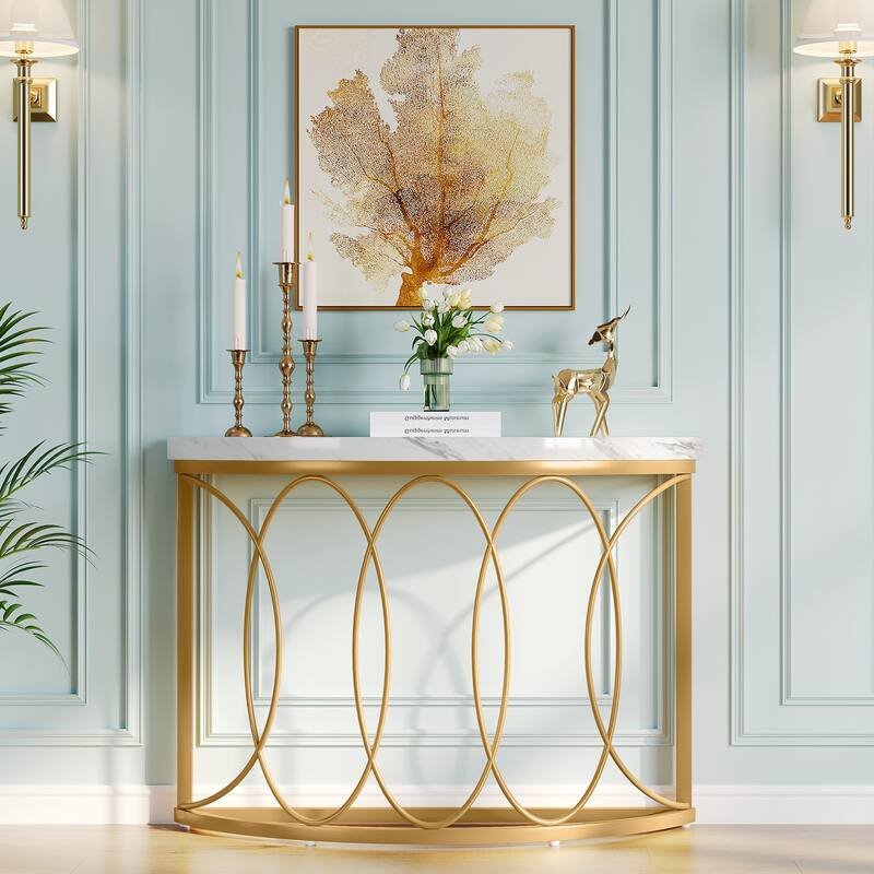 Half Moon Console Table for Entryway, 43 Inch Sofa Table with Faux Marble Top, White and Gold Accent Table