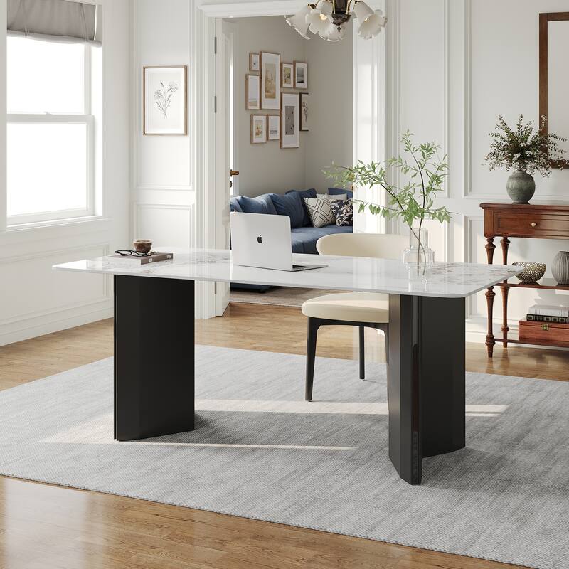 63" Modern Rectangular Writing Desk, Glossy White Sintered Stone Top, Black Stainless Steel Double Base