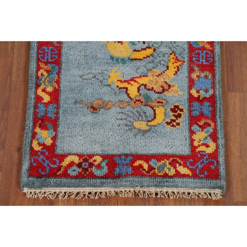 Hand Knotted Oriental 100% Wool Carpet Traditional Bordered Navy Blue & Blues Art Deco Area Rug - 3' 0'' X 2' 0''
