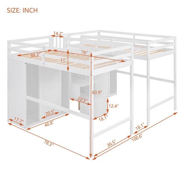 Elegant Double Twin Loft Beds with Wardrobes and Staircase, White