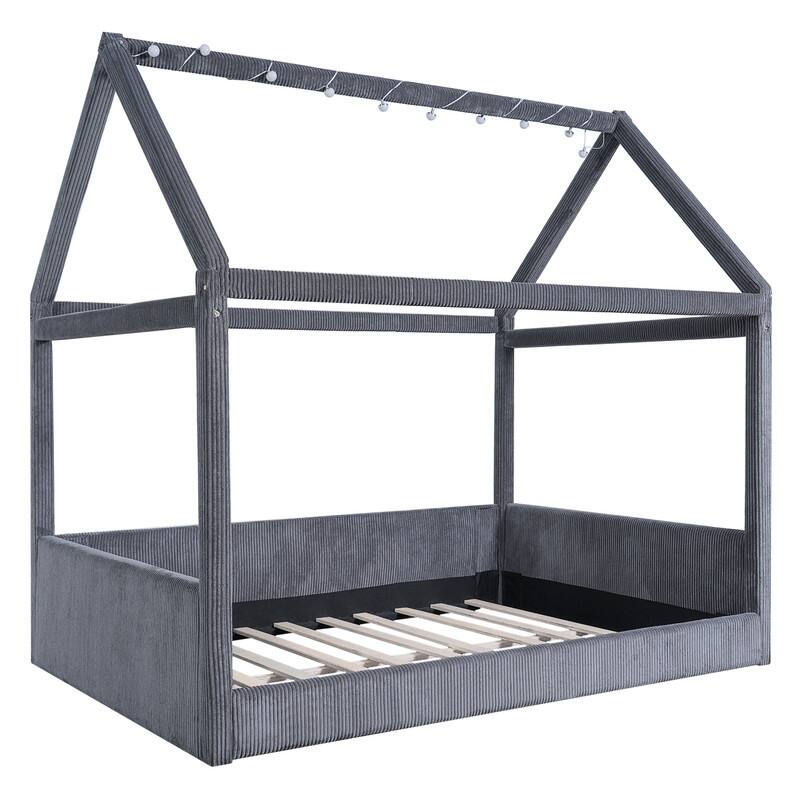Full Size Upholstered House-Shaped Kids Bed with LED Light Strips, Corduroy Platform Bed Frame Floor Bed