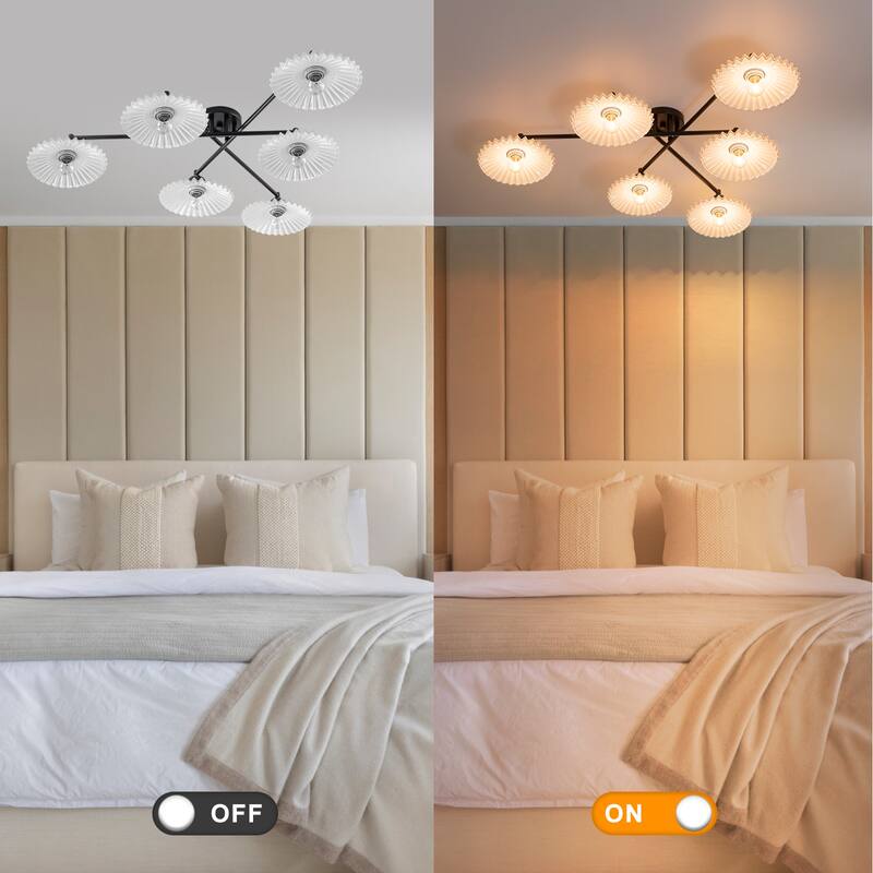 6-Light Matte Black Branch Flush Mount Ceiling Light with White Glass Shades - Dia.40.16-in