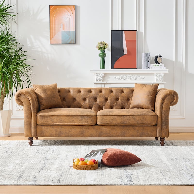 83"Chesterfield ‌Faux Leather Sofa,High-tech Fabric Roll Armrest Sofa,Upholstered Mid Century Modern Couch,3 Seater Couch - Brown
