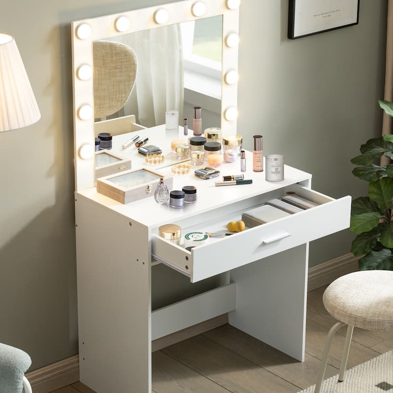 LED Mirror Vanity Dressing Table with Lights for Women & Girls - 3-Color Adjustable Light Strips, 2 Large Drawers