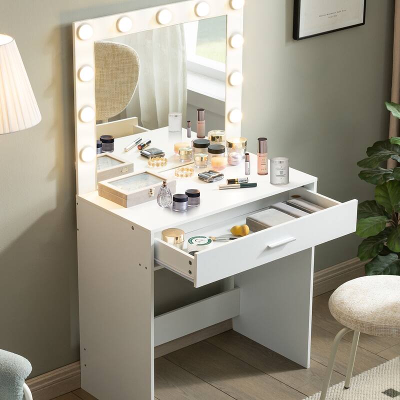 Vanity Desk with Mirror and Lights - White