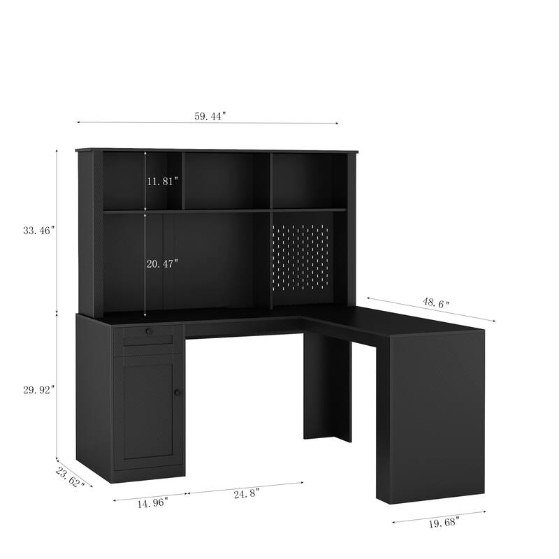 Roomfitters Modern L Shaped Computer Desk with Charger, Corner Desk with Drawers & Bookshelf, Hutch Pegboard Workstation, Black
