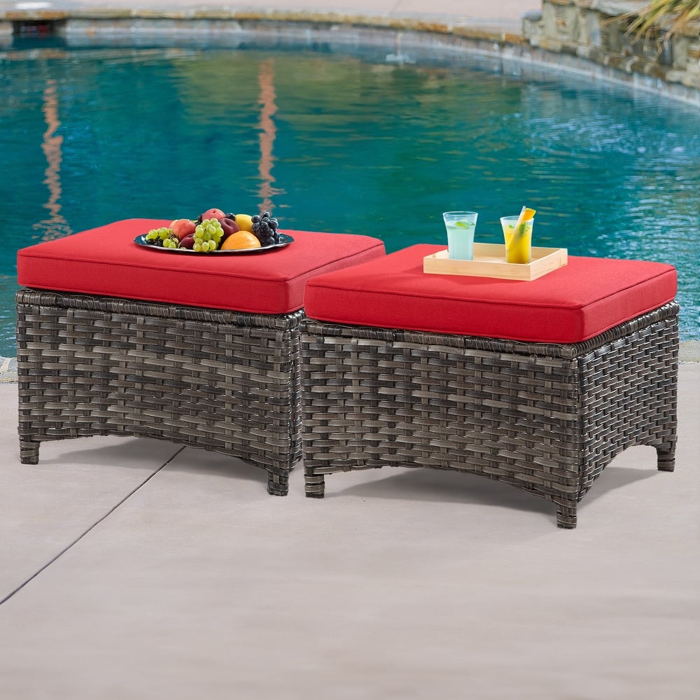 Cozywor 2-Piece Wicker Outdoor Patio Ottoman Set with Cushions