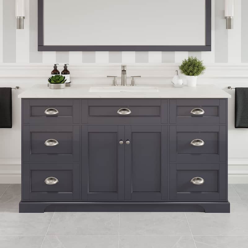 Epic 60"W SS Bath Vanity with Carrara Quartz Top & Undermount Sink - Grey