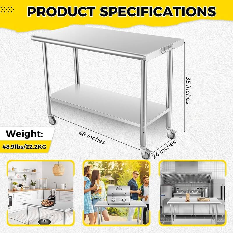 48 x 24 Stainless Steel Prep Table with Under Shelf, Hooks