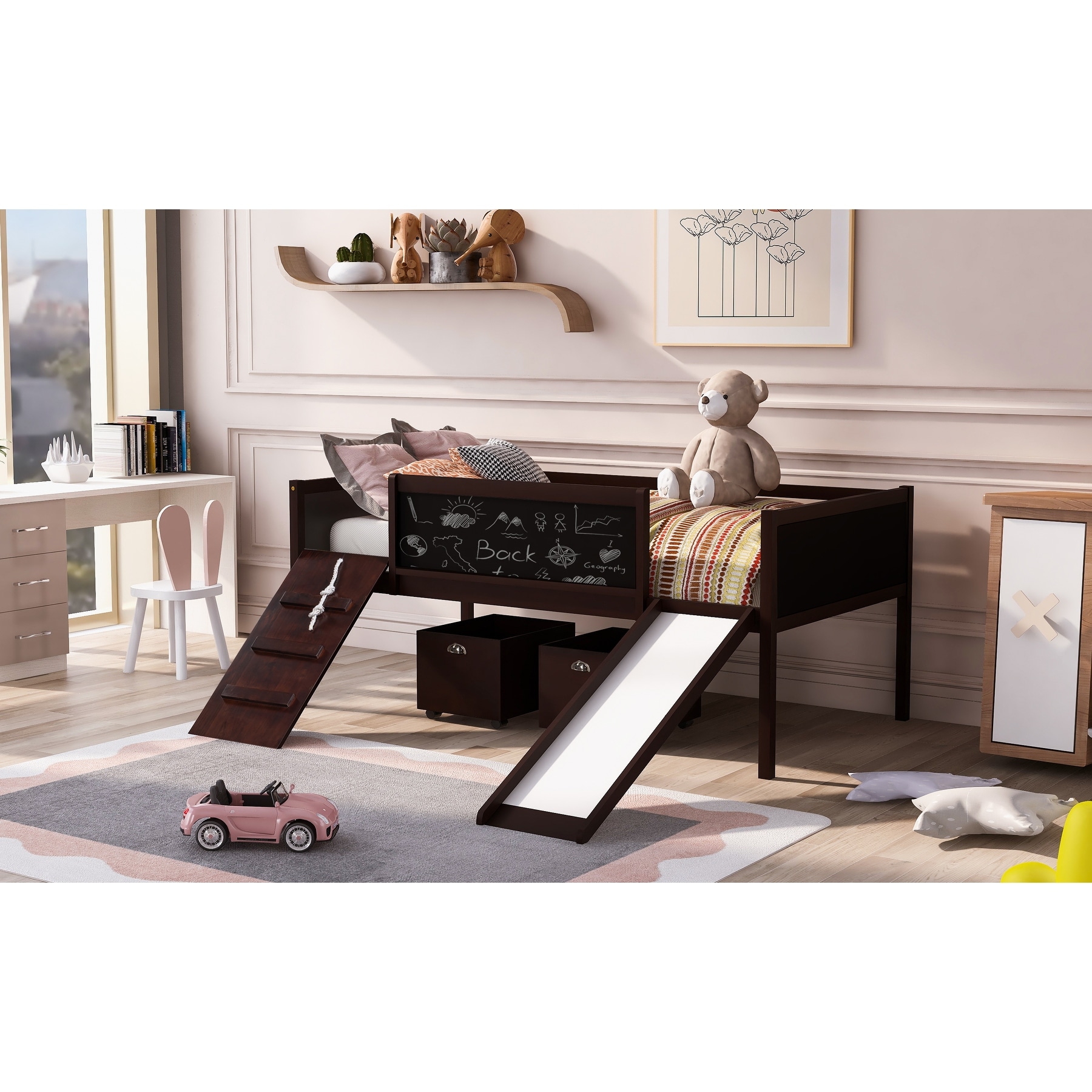 Low Loft Bed with 2 Storage Boxes Twin Loft Bed with Slide Solid