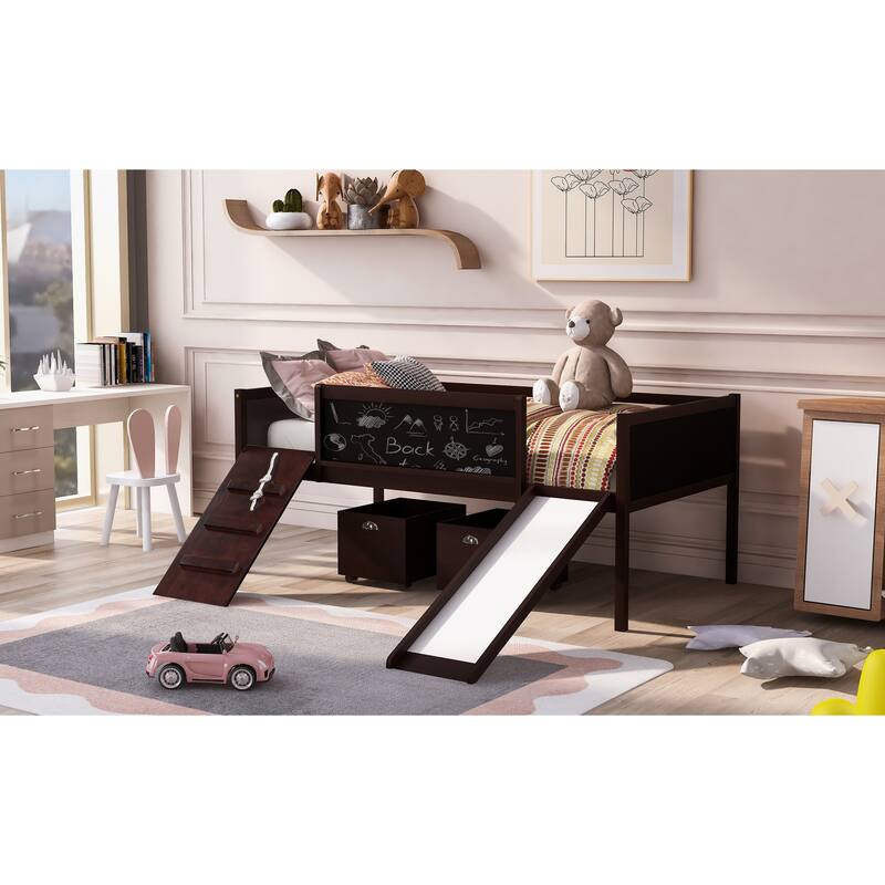 Twin Loft Bed with Climbing Frame and Slide, Wooden Loft Bed with Chalkboard & Storage - Espresso