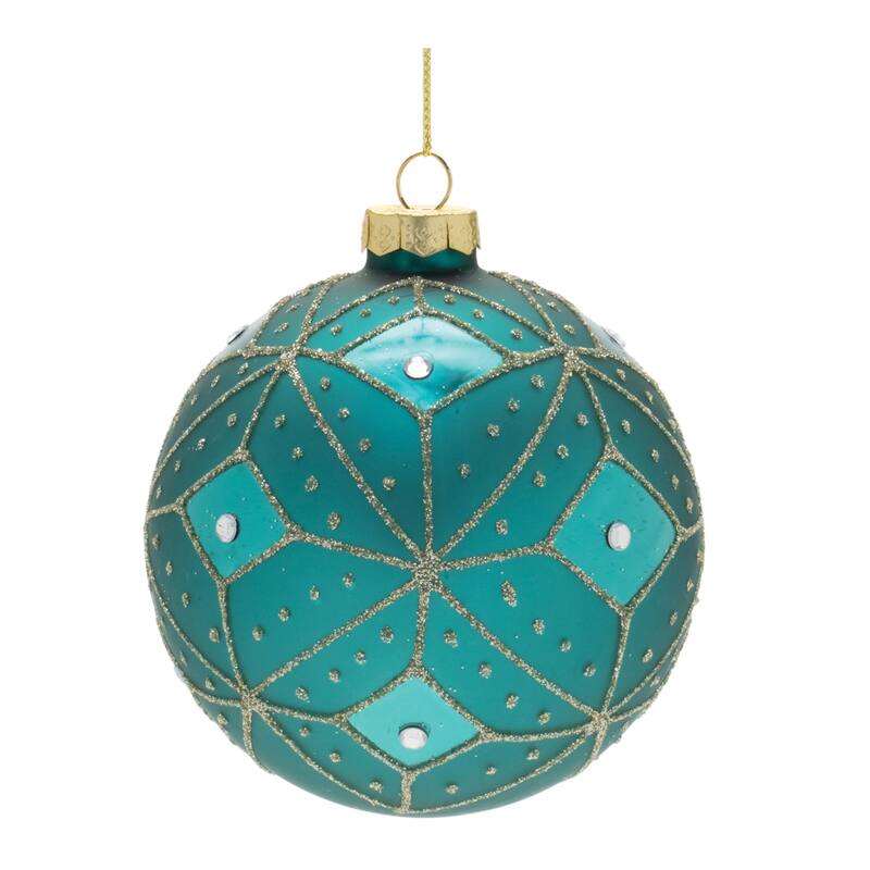 Geometric Glittered Glass Christmas Ball Ornaments - 4" - Teal and Gold- 6ct