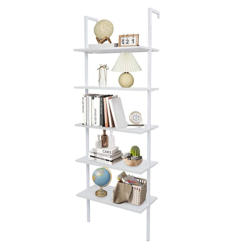5-Tier Industrial Wood Ladder Bookcase with Metal Frame - White