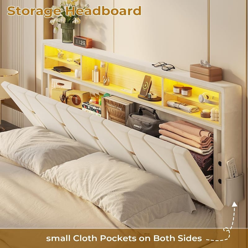 Bed Frame Storage Headboard RGB LED Lights Upholstered Platform